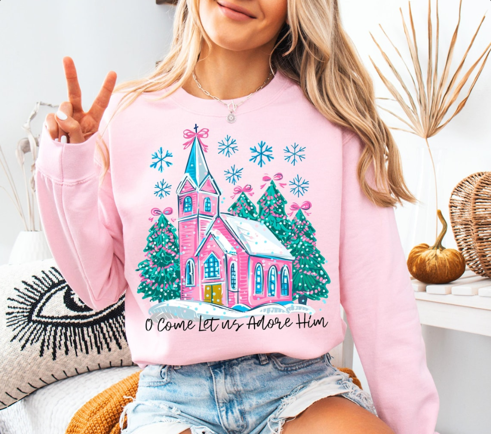 Oh Come Let us Adore Him Pink Christmas Shirt