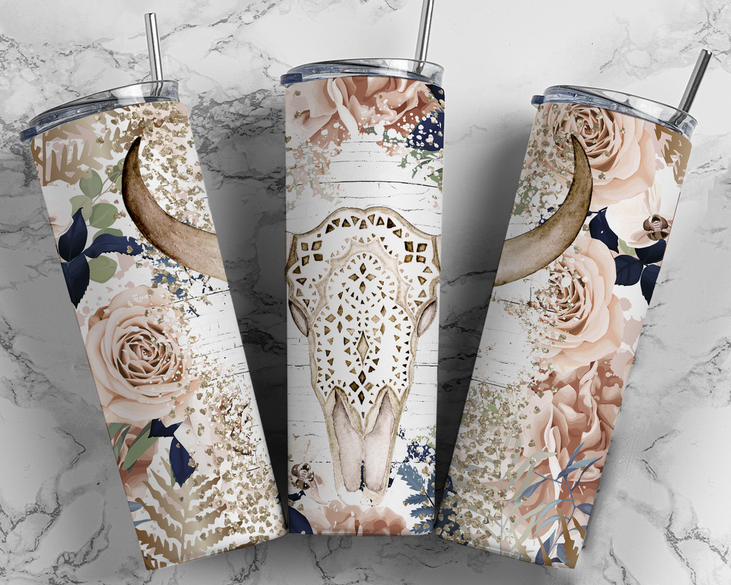 Floral Cow Skull Tumbler