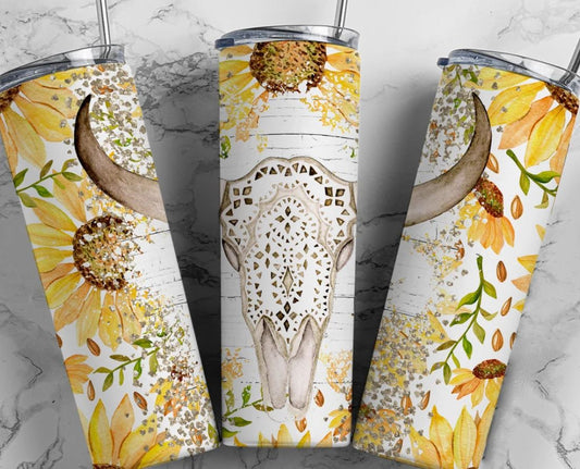 WHOLESALE Sunflower Cow Skull tumbler